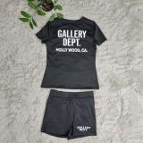 Women Clothing Summer Black Print Round Neck Short Sleeve Top and Shorts Two-Piece Set