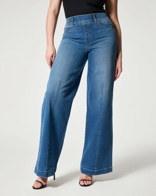 Women Stretch Wash Denim Wide Leg Pants