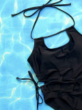 Women bikini Solid Cutout Lace-Up One Piece Swimswear