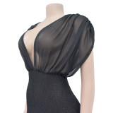 Women Solid Pleated V-Neck Sleeveless Maxi Dress