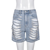 Women Ripped High Waist Wash Style Tassel Denim Shorts