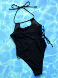 Women bikini Solid Cutout Lace-Up One Piece Swimswear