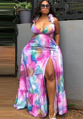 Sexy Print Plus Size Halter Slit Dress