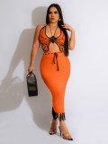 Sexy women's crochet butterfly top knitting tassel skirt fashion suit