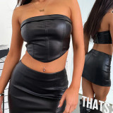 Women's Summer Strapless Low Back Crop Sexy Top Bodycon Slit Skirt Set