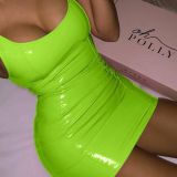 Pu Leather Solid Color Strap Dress Women Tight Fitting Leather Skirt Sexy Sleeveless Leather Bodycon Skirt