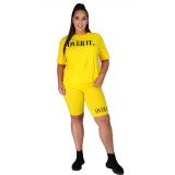 Women's Fashion Letter Ruber Print Solid Round Neck Short Sleeve Shorts Casual Women's Tracksuit