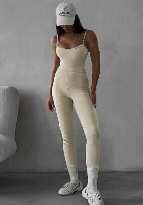Casual Women Solid Color Basic Outdoor Wear Slim Athletic Yoga High Waist Suspender Jumpsuit