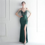 Fashion Red Carpet Formal Bead Chain Sling Long Evening Gown