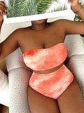 Sexy Plus Size Orange Tie Dye Strapless High Waist Bikini