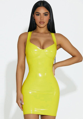 Women's summer sexy v-neck pu shiny face Slim Fit Slim Waist Bodycon strap jumpsuit