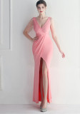 beaded v-neck slit bridesmaid wedding night club long dress