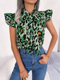 Casual Leopard Ruffle Edge Lace-Up Chiffon Shirt Top