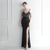 Fashion Red Carpet Formal Bead Chain Sling Long Evening Gown