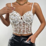 Embroidered floral fish bone corset sexy mesh See-Through vest for women