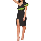 Women's Solid Zipper Slash Shoulder Nightclub Casual Fashion Sexy Slim Body Wrap Dress