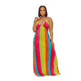 Sexy Multi-Color Print Pleated Halter Neck Lace-Up Oversized Plus Size Dress