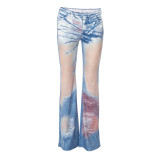 Women's Summer Casual Print Crop Elastic Waist Bell Bottom Slim Fit Trousers