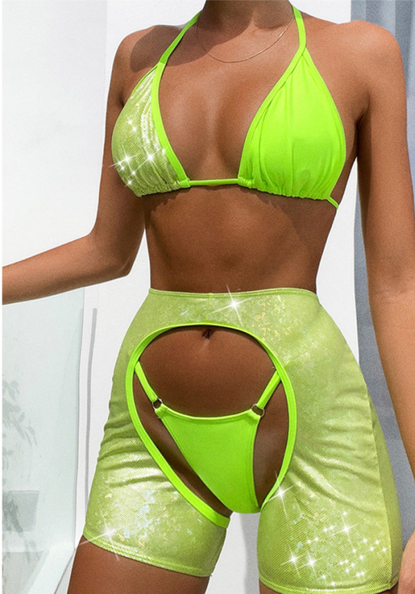 Women's Solid Color Sexy Swimsuit Three-Piece Halter Neck Bikini