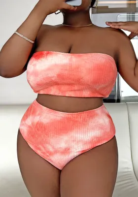Sexy Plus Size Orange Tie Dye Strapless High Waist Bikini