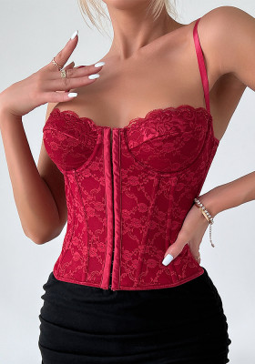 Women's Sexy Solid Color Lace Camisole Fishbone Steel Ring Wrapped Breast Buckle Low Back Small Vest