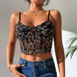 Embroidered floral fish bone corset sexy mesh See-Through vest for women