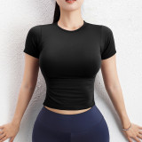 Spring and summer seamless knitting Slim Fit sports short-sleeved t-shirt women's elastic Tight Fitting top Slim Waist yoga clothing