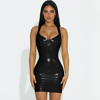 Women's summer sexy v-neck pu shiny face Slim Fit Slim Waist Bodycon strap jumpsuit