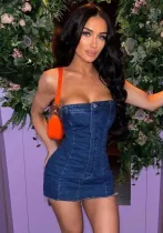 Summer Sexy Fitted Tassel Wash Denim Strapless Bodycon Denim Dress