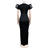 Women's Fashion Beaded Puff Sleeve Elastic V-Neck Maxi Dress
