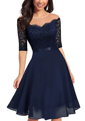 Elegant Evening Dress Off Shoulder Sexy Half-Sleeve Lace Patchwork Chiffon Dress