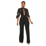 Women's Bell Bottom Sleeve Slim Sexy Mesh Patchwork Slim Waist Wide Leg Jumpsuit