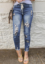 Women's Style Chic Leopard Patch Elastic Waist Slim Fit Denim Tight Pants