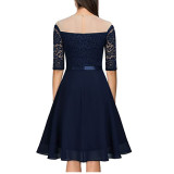 Elegant Evening Dress Off Shoulder Sexy Half-Sleeve Lace Patchwork Chiffon Dress