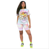 Women's Cartoon Tie Dye Printed Sports Casual Two-Piece Shorts Set