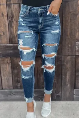Spring Summer Chic Tight Fitting Trendy Stretch Ripped Denim Pants Tight Jeans