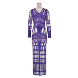 Women's Sexy Ripped Tight Fitting Hollow Out Beaded Print Maxi Dress