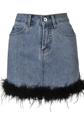 Chic Feather Patchwork Skirt Women's Summer Retro High Waist Bodycon Denim Skirt