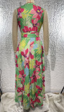 Summer Women's V-Neck Printed High Waist Belt Swing Maxi Dress