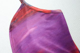 Fashion V-Neck Low-Cut Printed Sleeveless Low Back Pleated Irregular Strap Dress