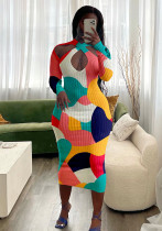 Women's Multi-Color Ribbed Long Sleeves Midi Bodycon Dress