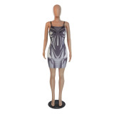 Fashion Digital Printing Strap Dress Sexy Bodycon Dress For Women