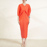 Pleated Dress Spring Summer Pleated V-Neck Bat Three-Quarter Sleeves Chic Style Long Dress