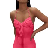 Summer Ladies Long Dress Solid Color Sexy Low Back Straps Halter Bodycon Dress