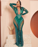 Women's Sexy Ripped Tight Fitting Hollow Out Beaded Print Maxi Dress