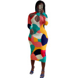 Women's Multi-Color Ribbed Long Sleeves Midi Bodycon Dress