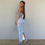 Women's Print Sexy Strapless Fitted Bodycon Long Dress