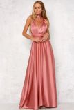 Deep V Neck Sleeveless Lace-Up Sexy Low Back High Waist Swing Satin Gown Women's Dress