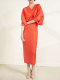 Pleated Dress Spring Summer Pleated V-Neck Bat Three-Quarter Sleeves Chic Style Long Dress