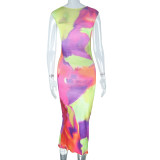 Fashion Dress Print Tight Fitting Round Neck Sleevelessslim Waist Bodycon Long Dress